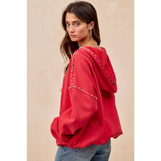 RED BRUSHED TERRY HALF ZIP UP HOODIE TOP WITH JEWELED - Boutique Bella BellaTops