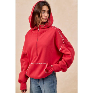 RED BRUSHED TERRY HALF ZIP UP HOODIE TOP WITH JEWELED - Boutique Bella BellaTops
