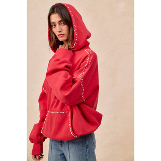 RED BRUSHED TERRY HALF ZIP UP HOODIE TOP WITH JEWELED - Boutique Bella BellaTops