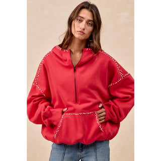 RED BRUSHED TERRY HALF ZIP UP HOODIE TOP WITH JEWELED - Boutique Bella BellaTops