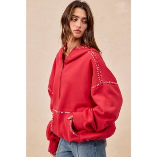 RED BRUSHED TERRY HALF ZIP UP HOODIE TOP WITH JEWELED - Boutique Bella BellaTops