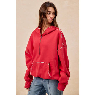 RED BRUSHED TERRY HALF ZIP UP HOODIE TOP WITH JEWELED - Boutique Bella BellaTops