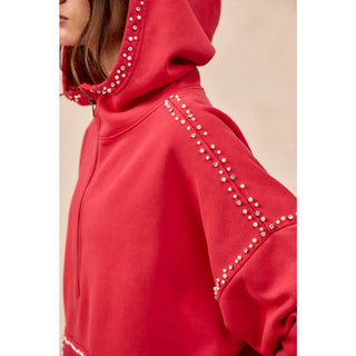 RED BRUSHED TERRY HALF ZIP UP HOODIE TOP WITH JEWELED - Boutique Bella BellaTops