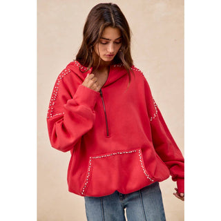 RED BRUSHED TERRY HALF ZIP UP HOODIE TOP WITH JEWELED - Boutique Bella BellaTops
