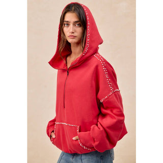 RED BRUSHED TERRY HALF ZIP UP HOODIE TOP WITH JEWELED - Boutique Bella BellaTops
