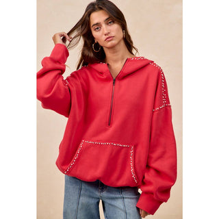 RED BRUSHED TERRY HALF ZIP UP HOODIE TOP WITH JEWELED - Boutique Bella BellaTops