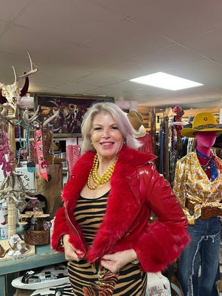 Red Faux Leather Faux Fur Biker Jacket - Boutique Bella BellaCoat