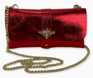 Red Leather Party Bag with Chain Handle and Shine Effect - Boutique Bella BellaPurses