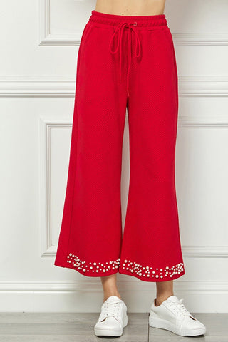 Red Pearl Detail Textured Cropped Pants - Boutique Bella Bellapants