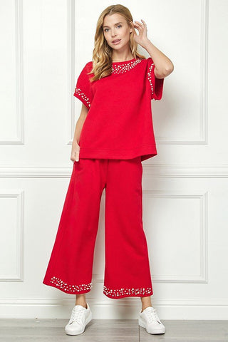 Red Pearl Textured Cropped Pants - Boutique Bella BellaPants