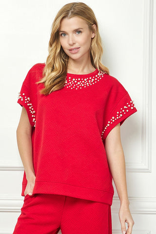 Red Pearl Textured Top - Boutique Bella Bellatop