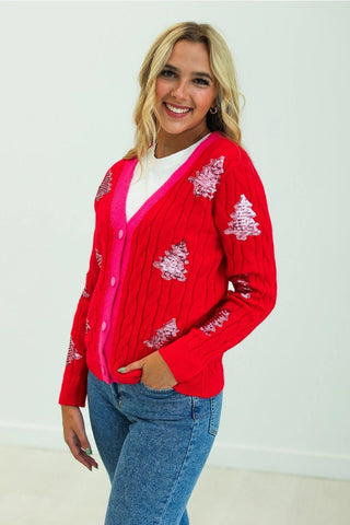 Red & Pink Christmas Tree Sequin Cardigan - Boutique Bella Bellacardigan