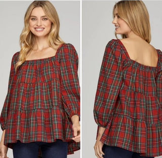 Red Plaid Babydoll Top - Boutique Bella BellaTops