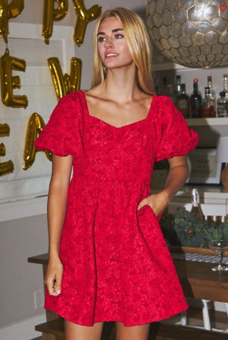 Red Satin Bubble Sleeve Baby Doll Dress - Boutique Bella BellaDress