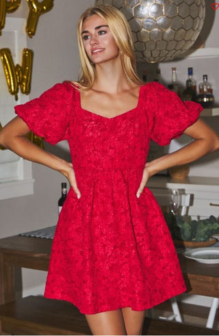 Red Satin Bubble Sleeve Baby Doll Dress - Boutique Bella BellaDress