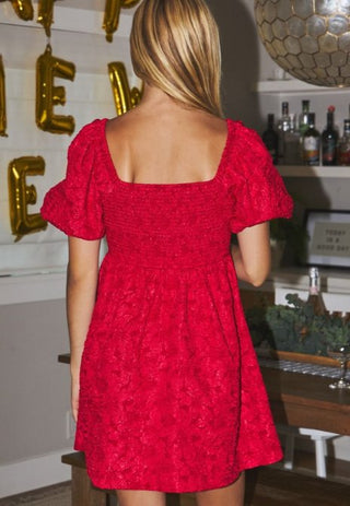 Red Satin Bubble Sleeve Baby Doll Dress - Boutique Bella BellaDress