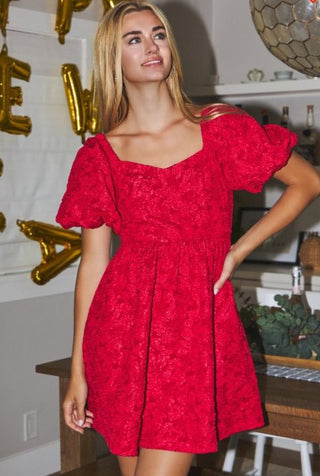 Red Satin Bubble Sleeve Baby Doll Dress - Boutique Bella BellaDress