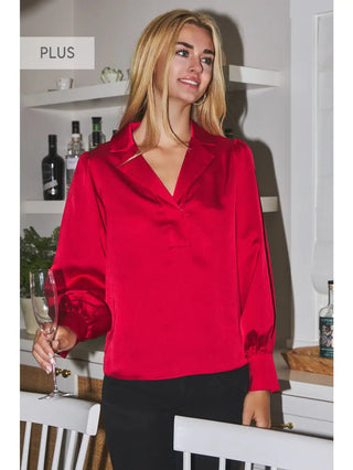 Red Satin Collard Blouse/w Cuff - Boutique Bella BellaCasual Top