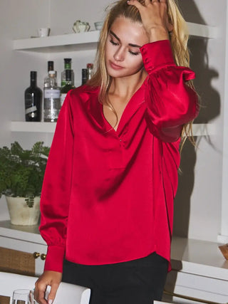 Red Satin Collard Blouse/w Cuff - Boutique Bella BellaCasual Top