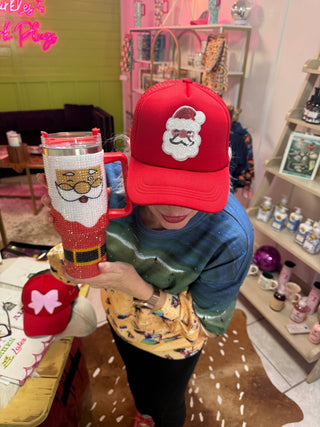 Red Sparkle Santa Face Trucker Hat - Boutique Bella Bellatrucker hat