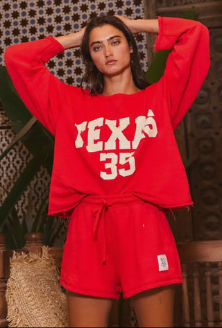 Red “TEXAS” Solid Terry Long Sleeve - Boutique Bella BellaCasual Top