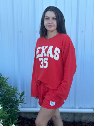 Red “TEXAS” Solid Terry Long Sleeve - Boutique Bella BellaCasual Top