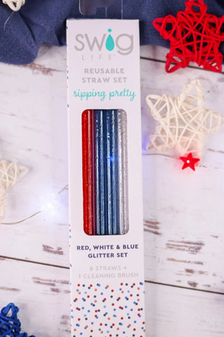 Red, White And Blue Glitter Reusable Straw Set - Boutique Bella Bellastraws