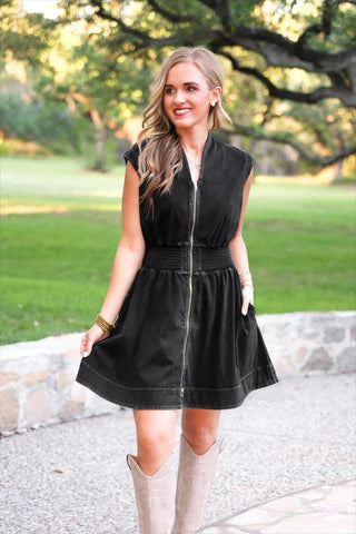 Refined Denim Zipper Dress- Black - Boutique Bella BellaDress