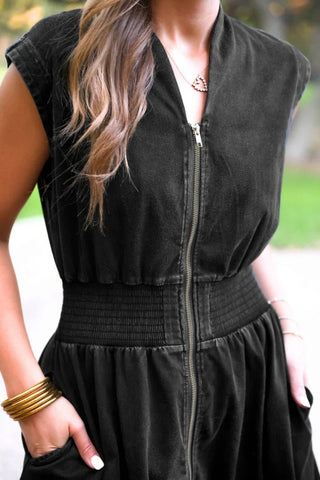 Refined Denim Zipper Dress- Black - Boutique Bella BellaDress