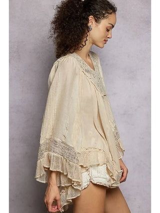 Relaxed Fit Linen Crochet Boho Ruffle Long Sleeve Top - Boutique Bella BellaTop