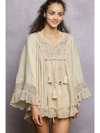 Relaxed Fit Linen Crochet Boho Ruffle Long Sleeve Top - Boutique Bella BellaTop