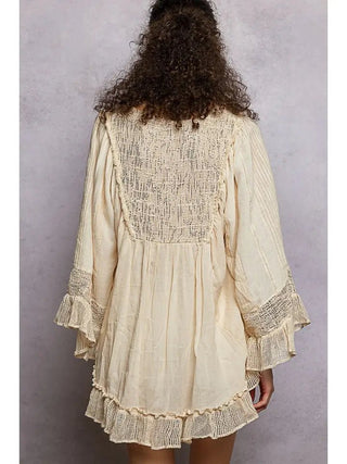 Relaxed Fit Linen Crochet Boho Ruffle Long Sleeve Top - Boutique Bella BellaTop