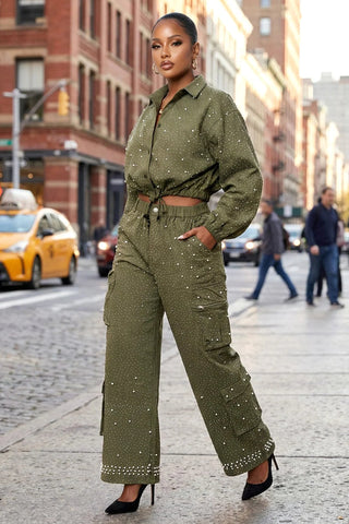 Reporting for Sparkle Olive Cargo Pants - Boutique Bella BellaBottoms