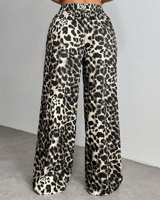 Retro Leopard Print Elastic Waist Casual Wide - Leg Pants - Boutique Bella BellaPants