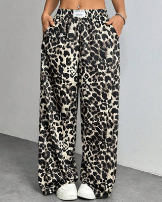 Retro Leopard Print Elastic Waist Casual Wide - Leg Pants - Boutique Bella BellaPants