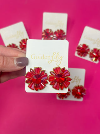 Rhinestone and Bead Burst Earrings - Red - Boutique Bella BellaEarrings
