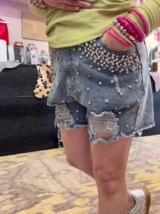 Rhinestone - Embellished Distressed Shorts - Boutique Bella BellaShorts