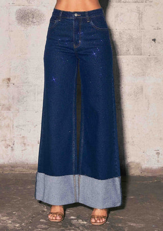 Rhinestone High - Rise Cuff Up Wide Leg Jeans - Boutique Bella BellaJeans