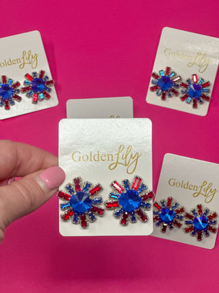 Rhinestone Stud Burst Earrings - Blue with Red, White and Blue - Boutique Bella BellaEarrings