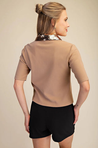 Rhinestones Collar Neck Top in Mocha - Boutique Bella BellaTop