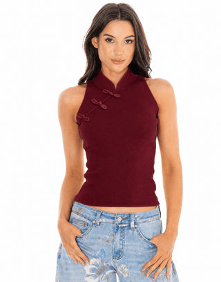 Ribbed Frog Closure Mock Neck Tank - Burgundy - Boutique Bella BellaTops