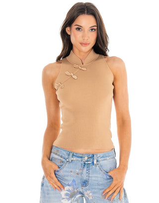 Ribbed Frog Closure Mock Neck Tank - Camel - Boutique Bella BellaTop