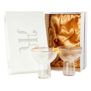Ribbed Stemless Margarita Glasses With Gold Rim Set Of 2 Hand Blown Luxury Coupe Cocktail Martini Ch - Boutique Bella Bella