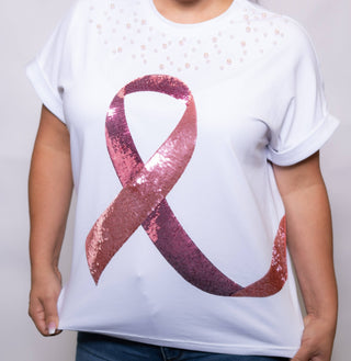 Ribbon & Pearls Breast Cancer Awareness Sequin Tee - Boutique Bella BellaT-Shirt