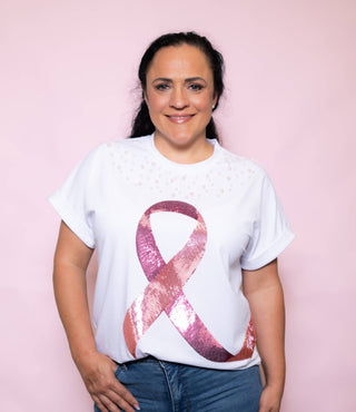 Ribbon & Pearls Breast Cancer Awareness Sequin Tee - Boutique Bella BellaT-Shirt