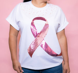 Ribbon & Pearls Breast Cancer Awareness Sequin Tee - Boutique Bella BellaT-Shirt