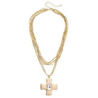 Roman Rhinestone Cross Layered Necklace in Shiny Gold - Boutique Bella BellaNecklace