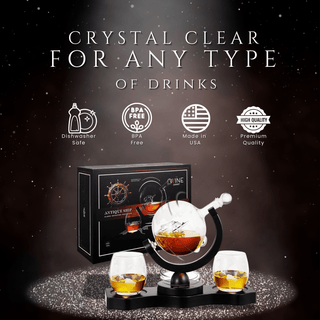 Rotating Whiskey Decanter Globe Set With 2 10OZ Etched Whiskey Glasses 29 Oz Moving Interactive Worl - Boutique Bella Bella