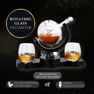 Rotating Whiskey Decanter Globe Set With 2 10OZ Etched Whiskey Glasses 29 Oz Moving Interactive Worl - Boutique Bella Bella
