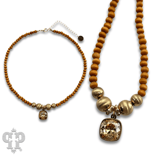 Round wood and brushed gold bead necklace with Austrian crystal, last call - Boutique Bella BellaNecklaces